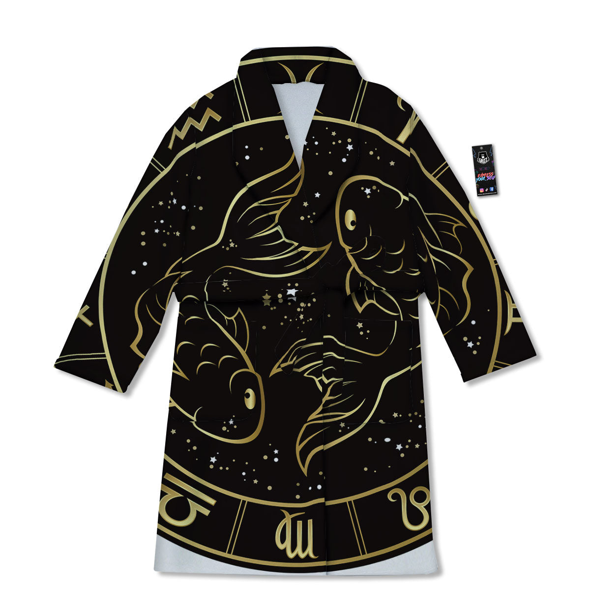 Pisces Sign Black And Gold Print Bathrobe-grizzshop