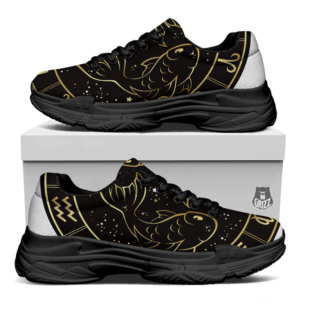 Pisces Sign Black And Gold Print Black Chunky Shoes-grizzshop