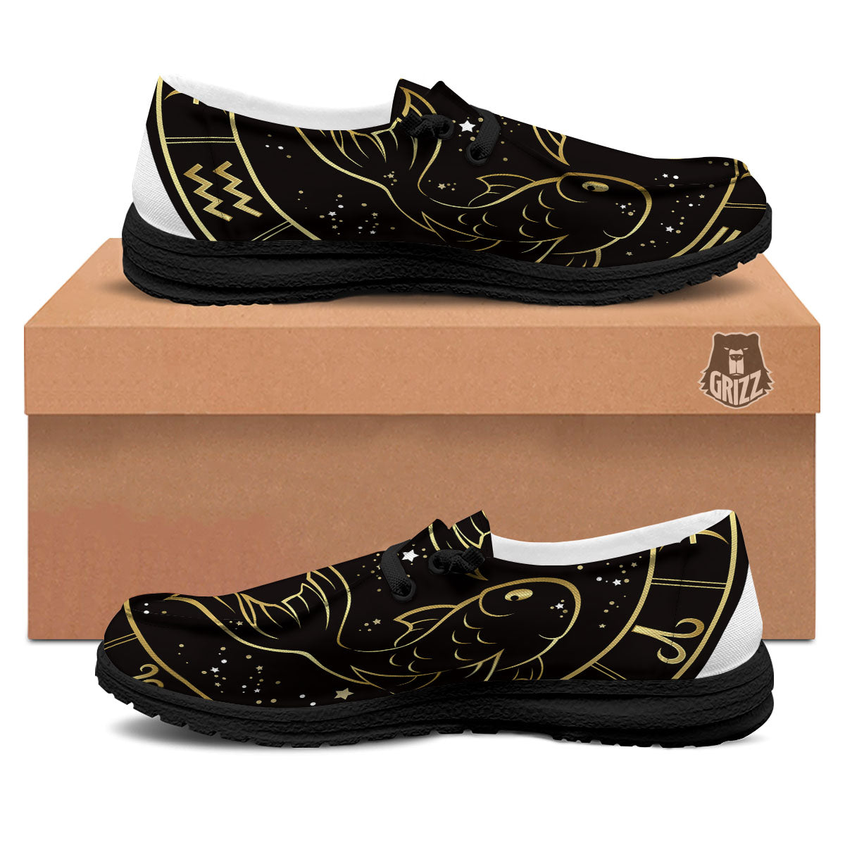 Pisces Sign Black And Gold Print Black Loafers-grizzshop