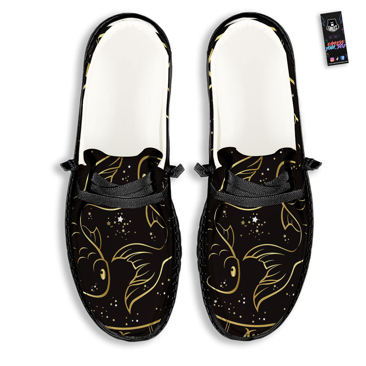 Pisces Sign Black And Gold Print Black Loafers-grizzshop