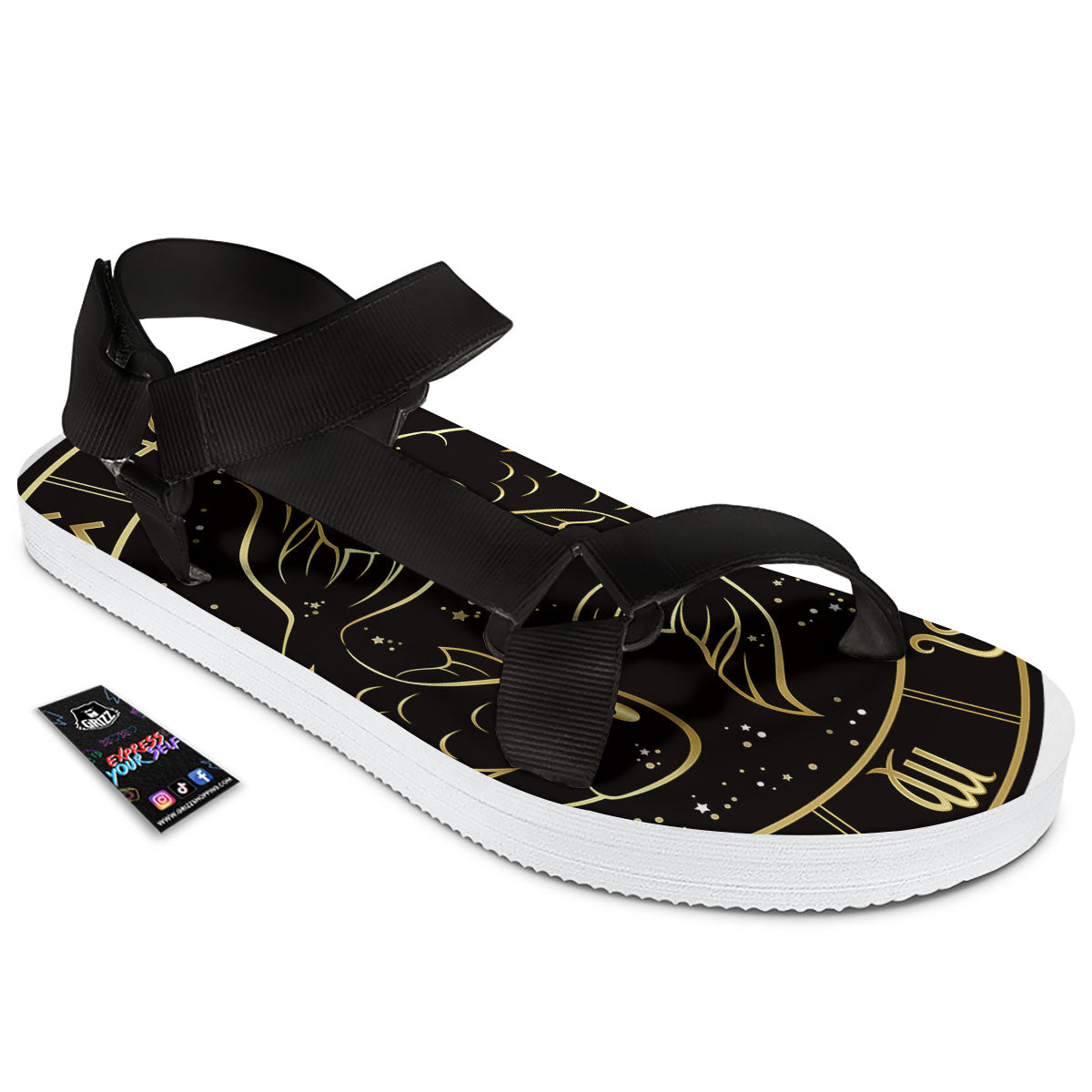 Pisces Sign Black And Gold Print Black Open Toe Sandals-grizzshop