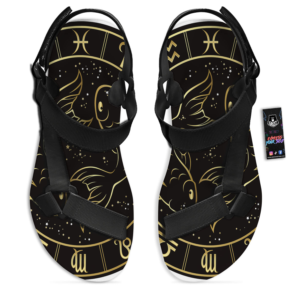 Pisces Sign Black And Gold Print Black Open Toe Sandals-grizzshop