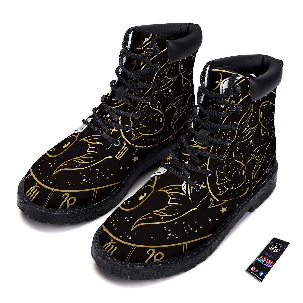 Pisces Sign Black And Gold Print Boots-grizzshop