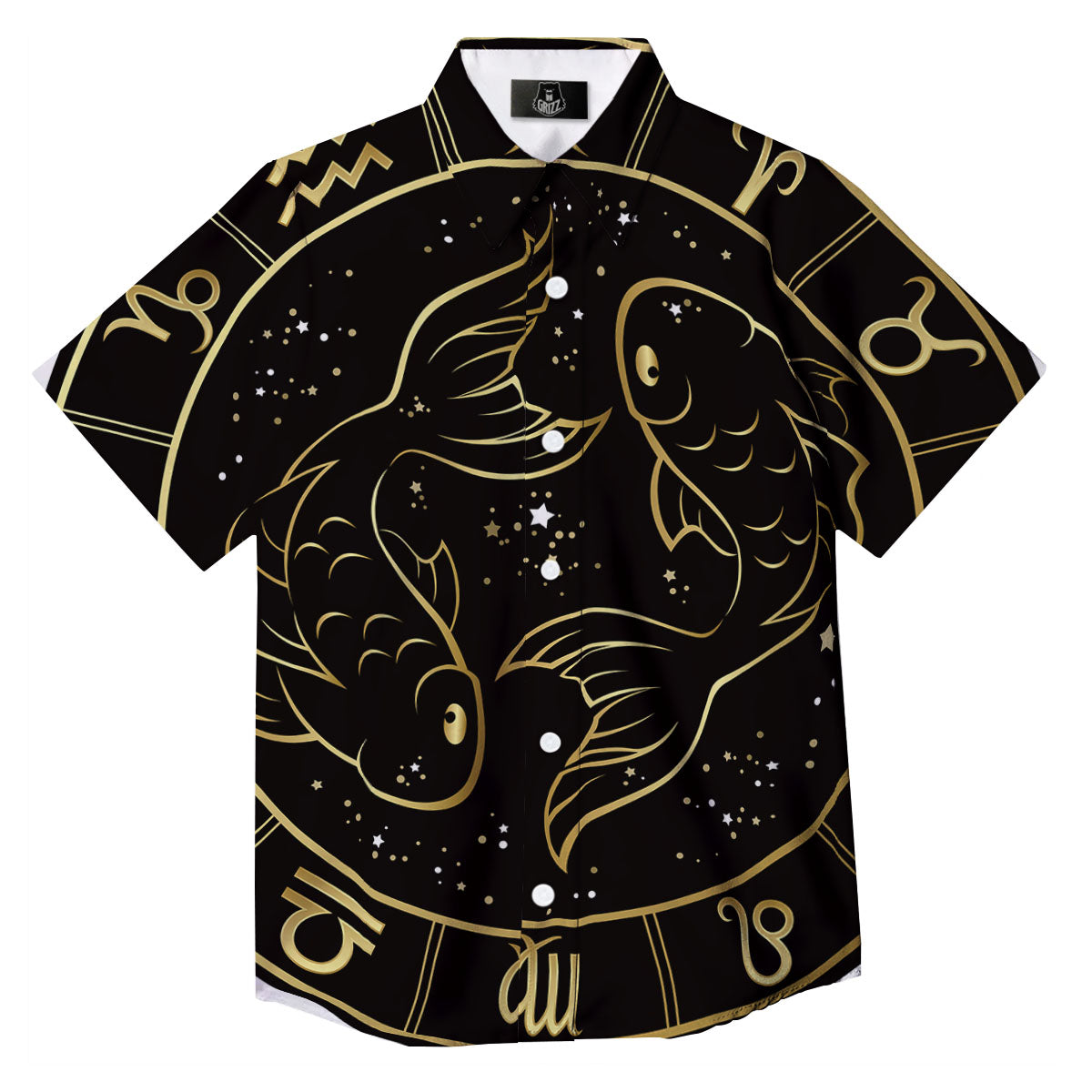 Pisces Sign Black And Gold Print Button Up Shirt-grizzshop