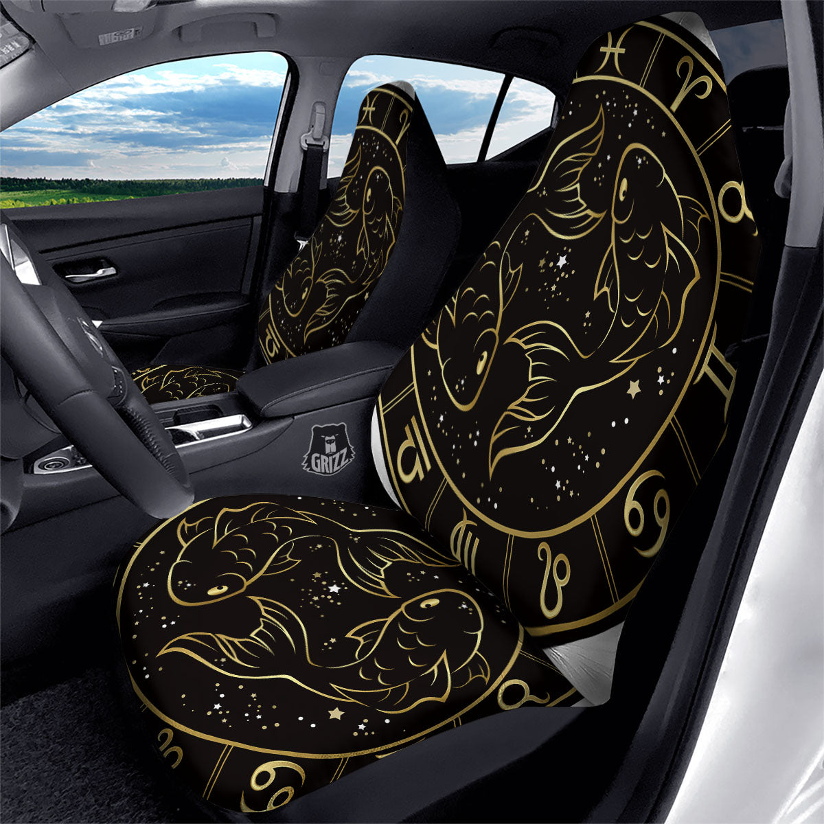 Pisces Sign Black And Gold Print Car Seat Covers-grizzshop