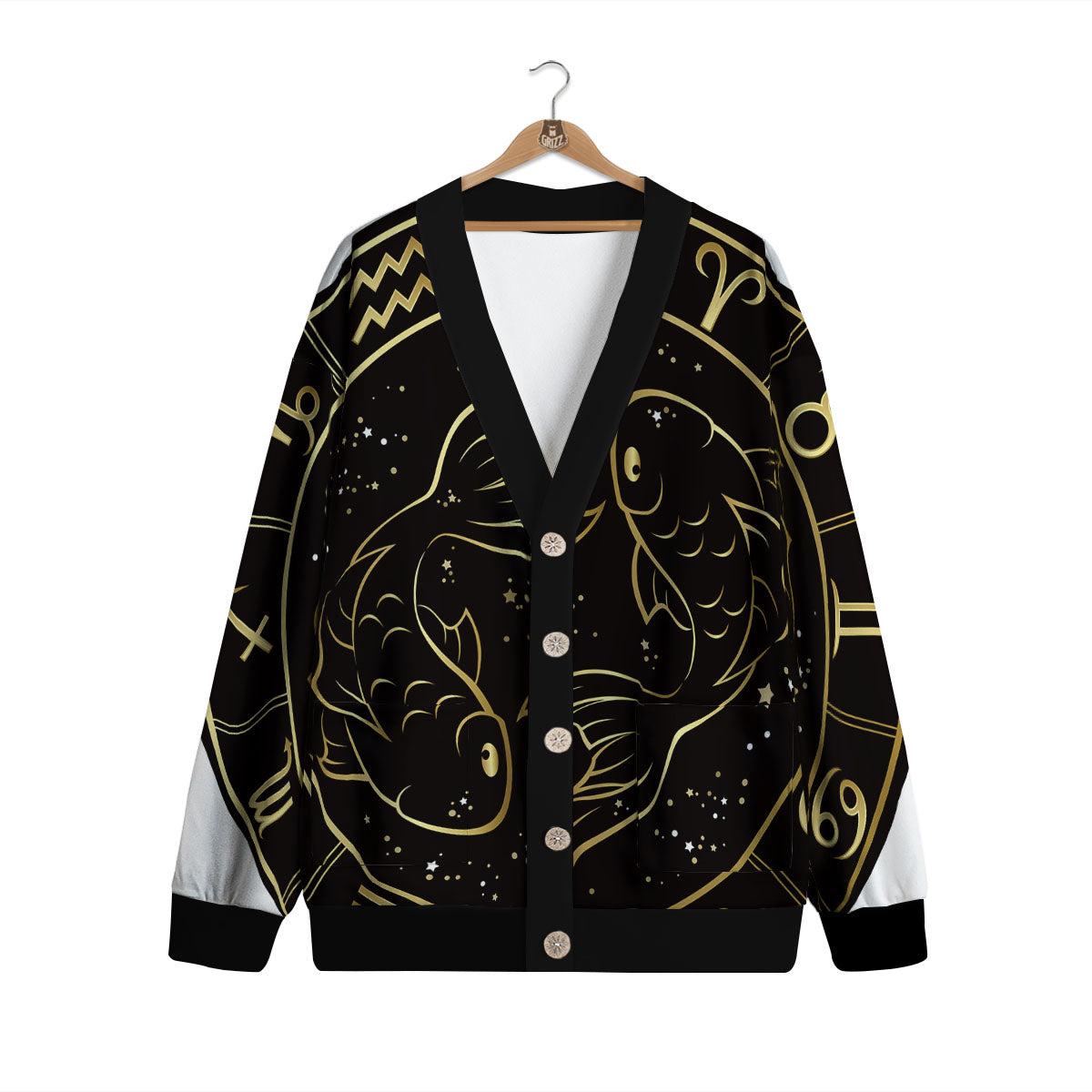Pisces Sign Black And Gold Print Cardigan-grizzshop