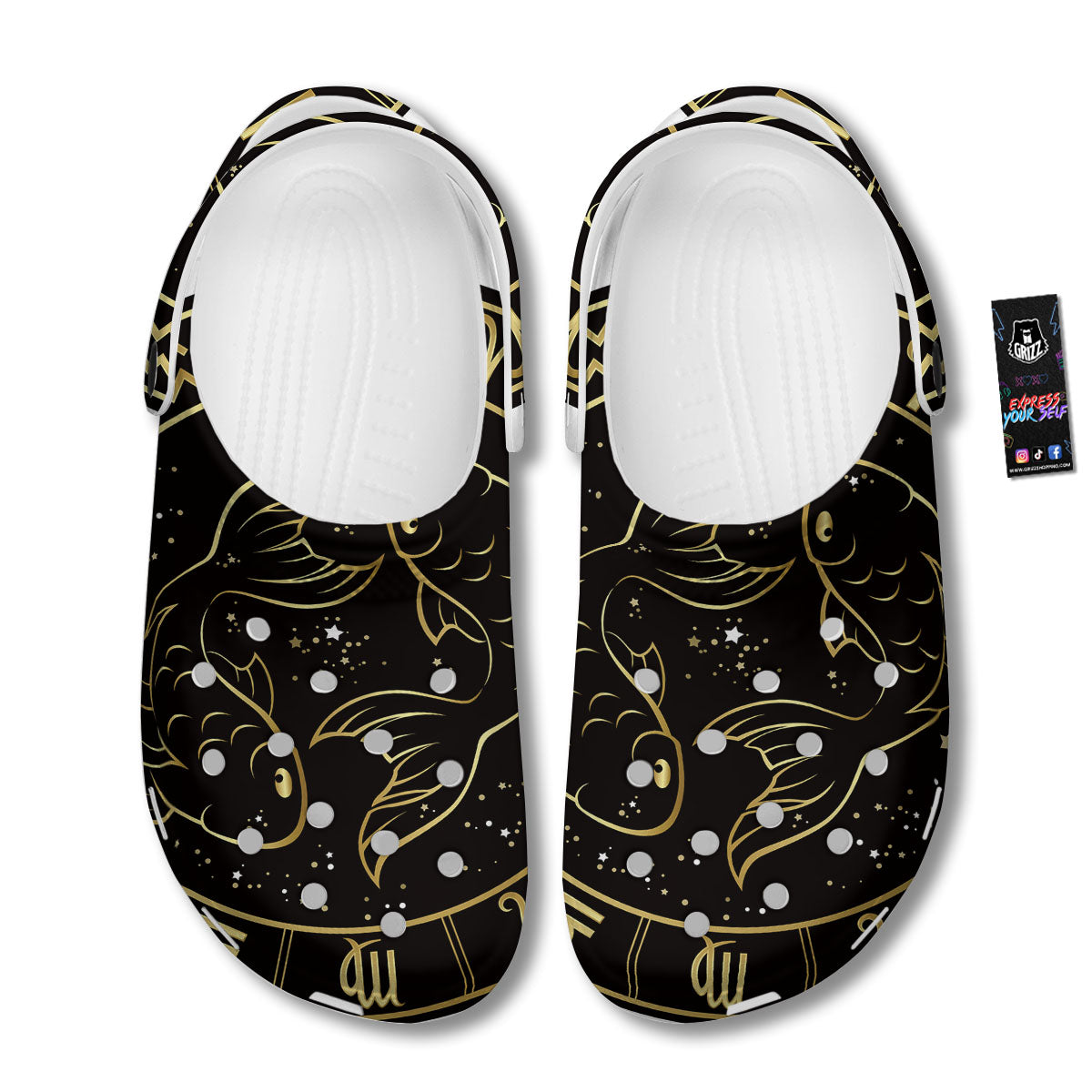 Pisces Sign Black And Gold Print Clog-grizzshop