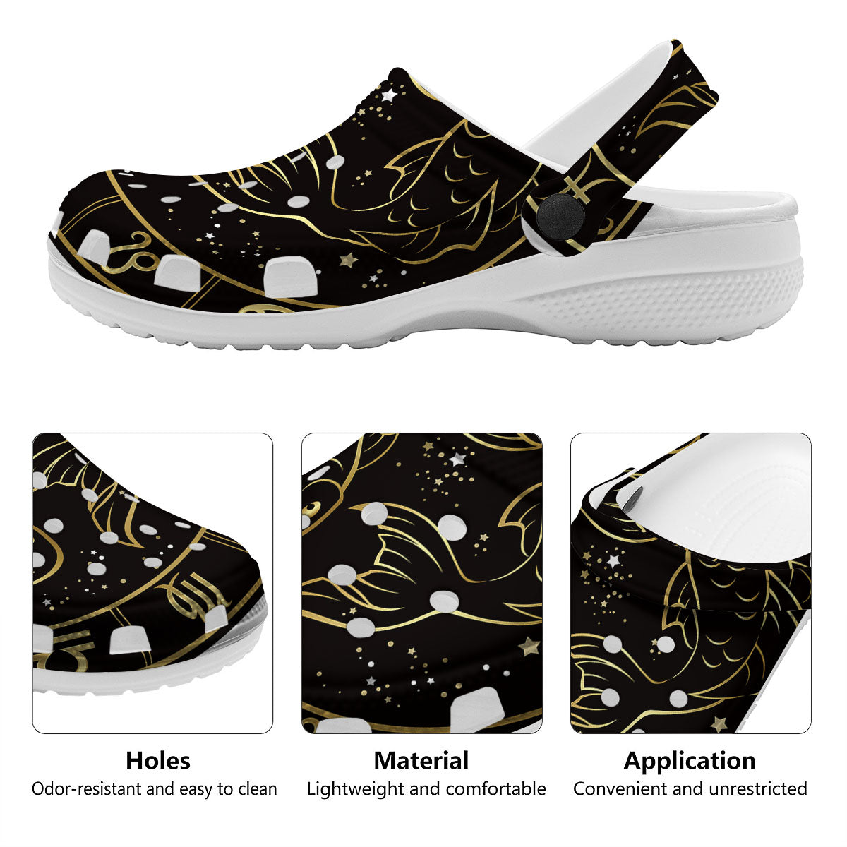 Pisces Sign Black And Gold Print Clog-grizzshop