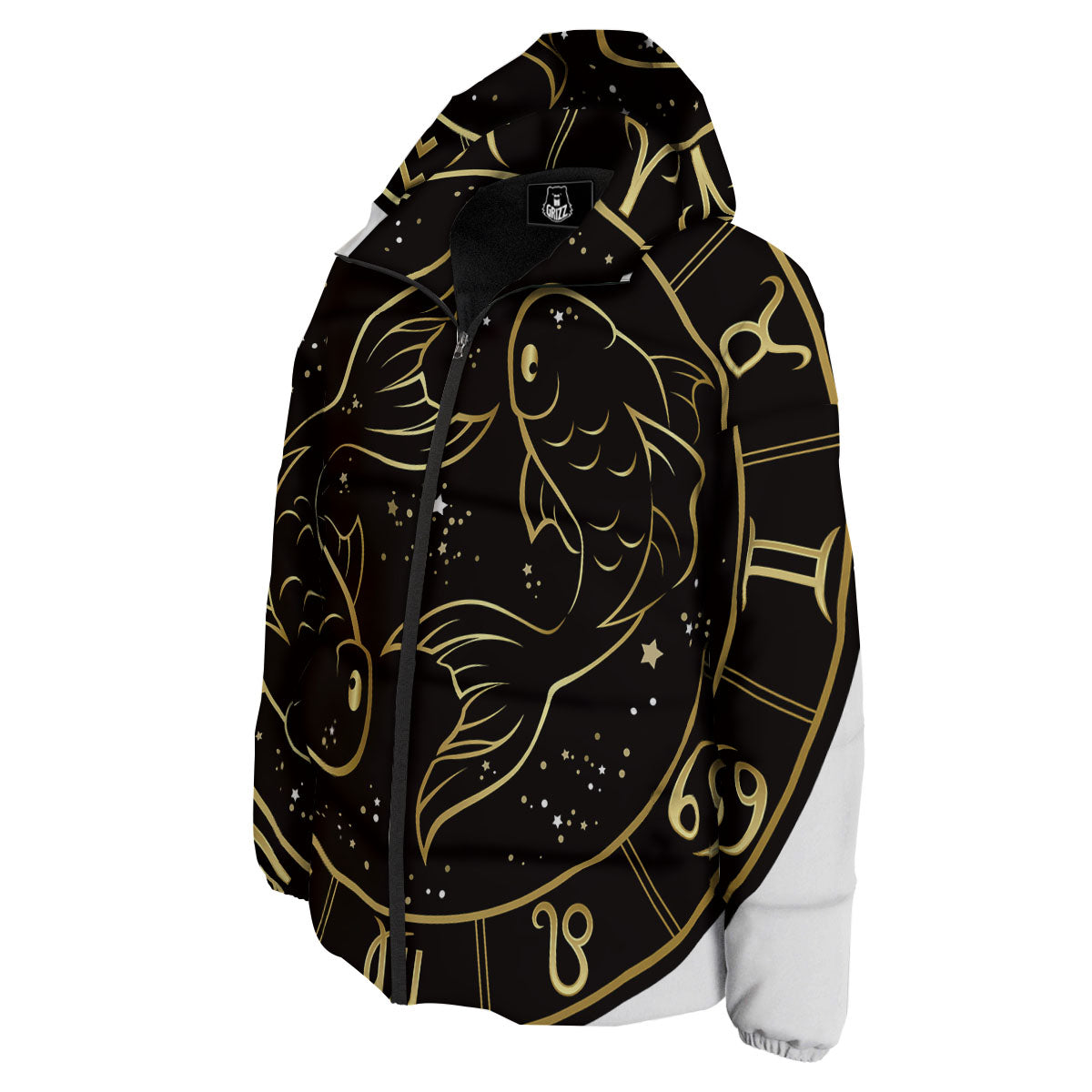 Pisces Sign Black And Gold Print Down Jacket-grizzshop