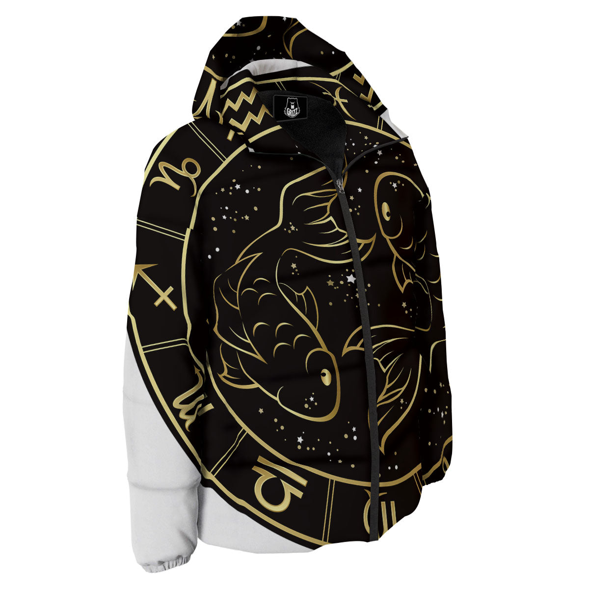 Pisces Sign Black And Gold Print Down Jacket-grizzshop
