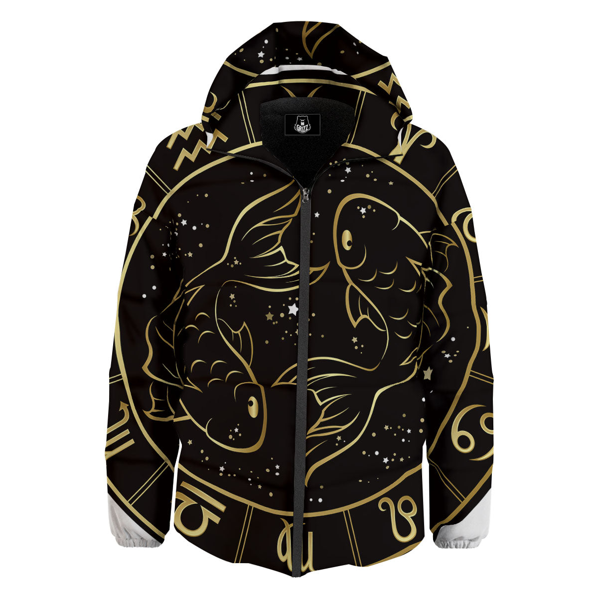 Pisces Sign Black And Gold Print Down Jacket-grizzshop
