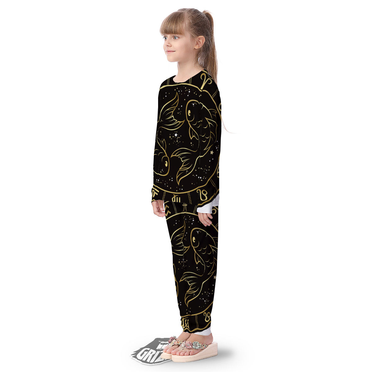 Pisces Sign Black And Gold Print Kid's Pajamas-grizzshop