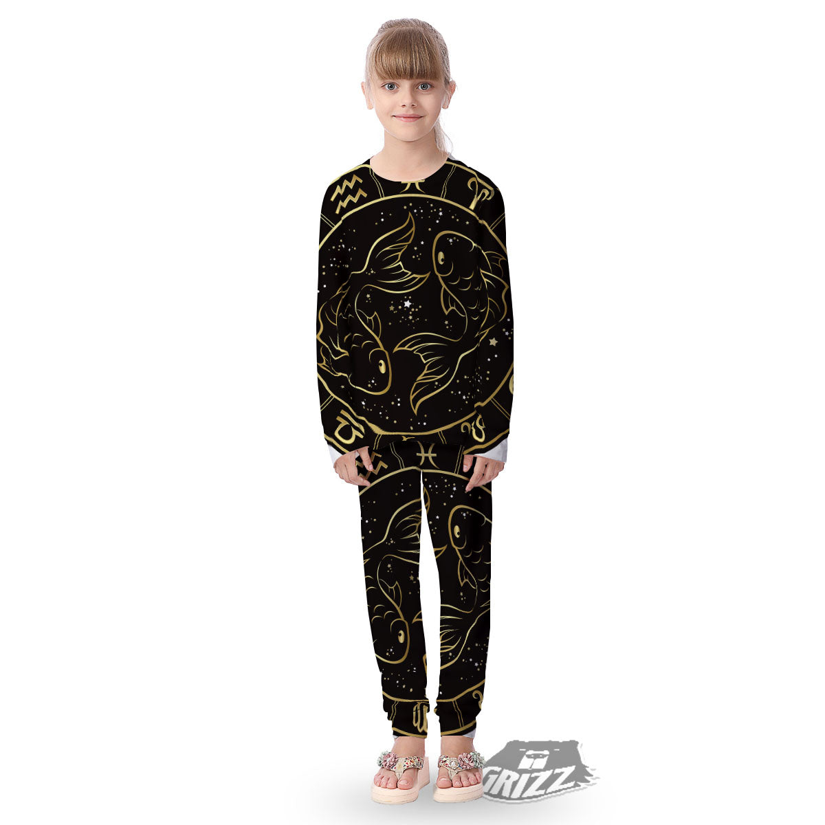 Pisces Sign Black And Gold Print Kid's Pajamas-grizzshop