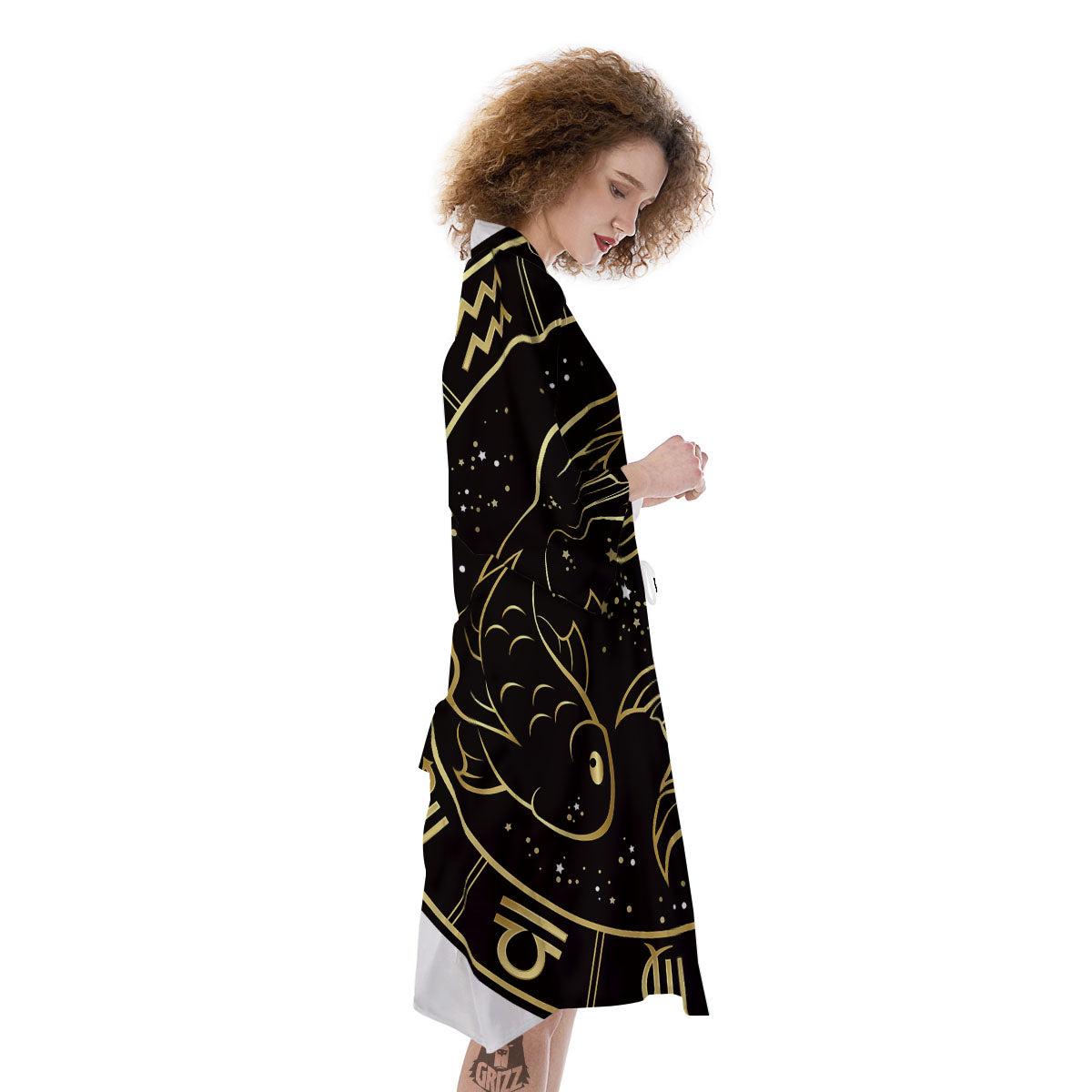 Pisces Sign Black And Gold Print Kimono-grizzshop