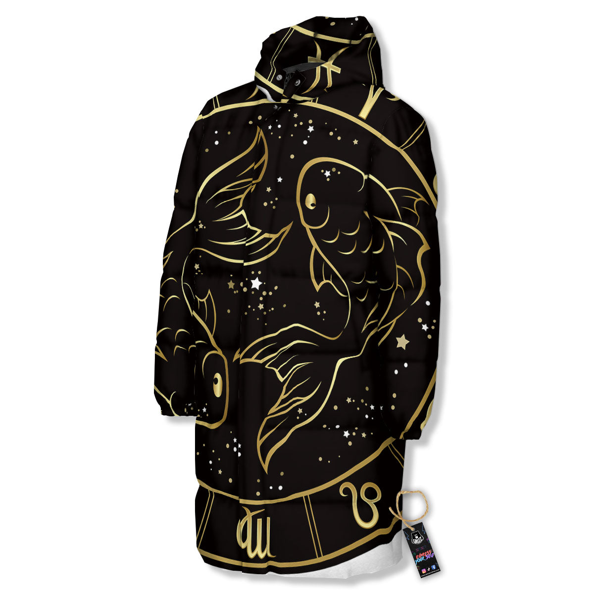 Pisces Sign Black And Gold Print Long Down Jacket-grizzshop