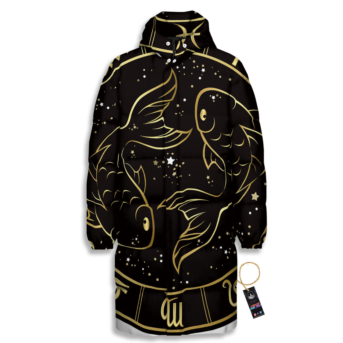 Pisces Sign Black And Gold Print Long Down Jacket-grizzshop