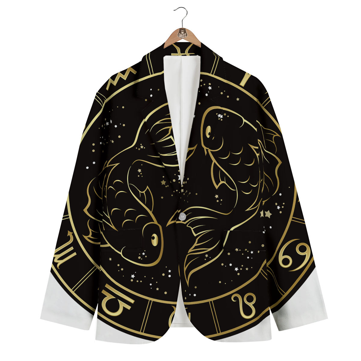 Pisces Sign Black And Gold Print Men's Blazer-grizzshop