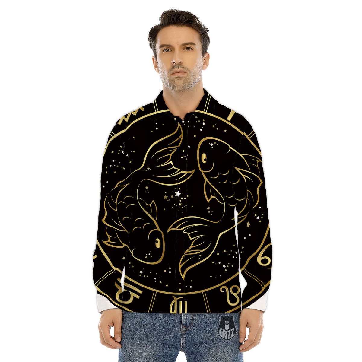 Pisces Sign Black And Gold Print Men's Dress Shirts-grizzshop