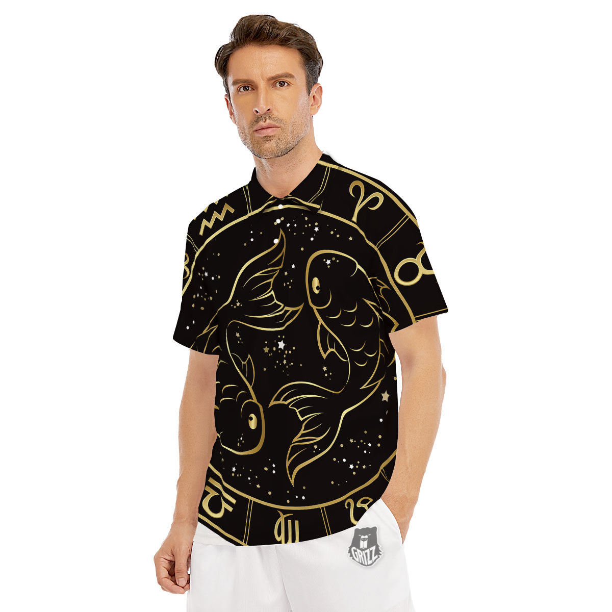 Pisces Sign Black And Gold Print Men's Golf Shirts-grizzshop