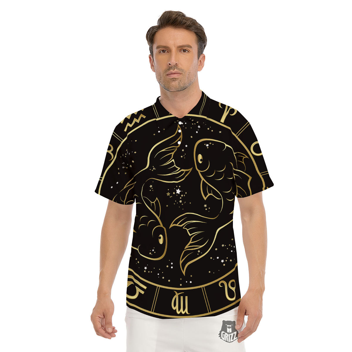 Pisces Sign Black And Gold Print Men's Golf Shirts-grizzshop