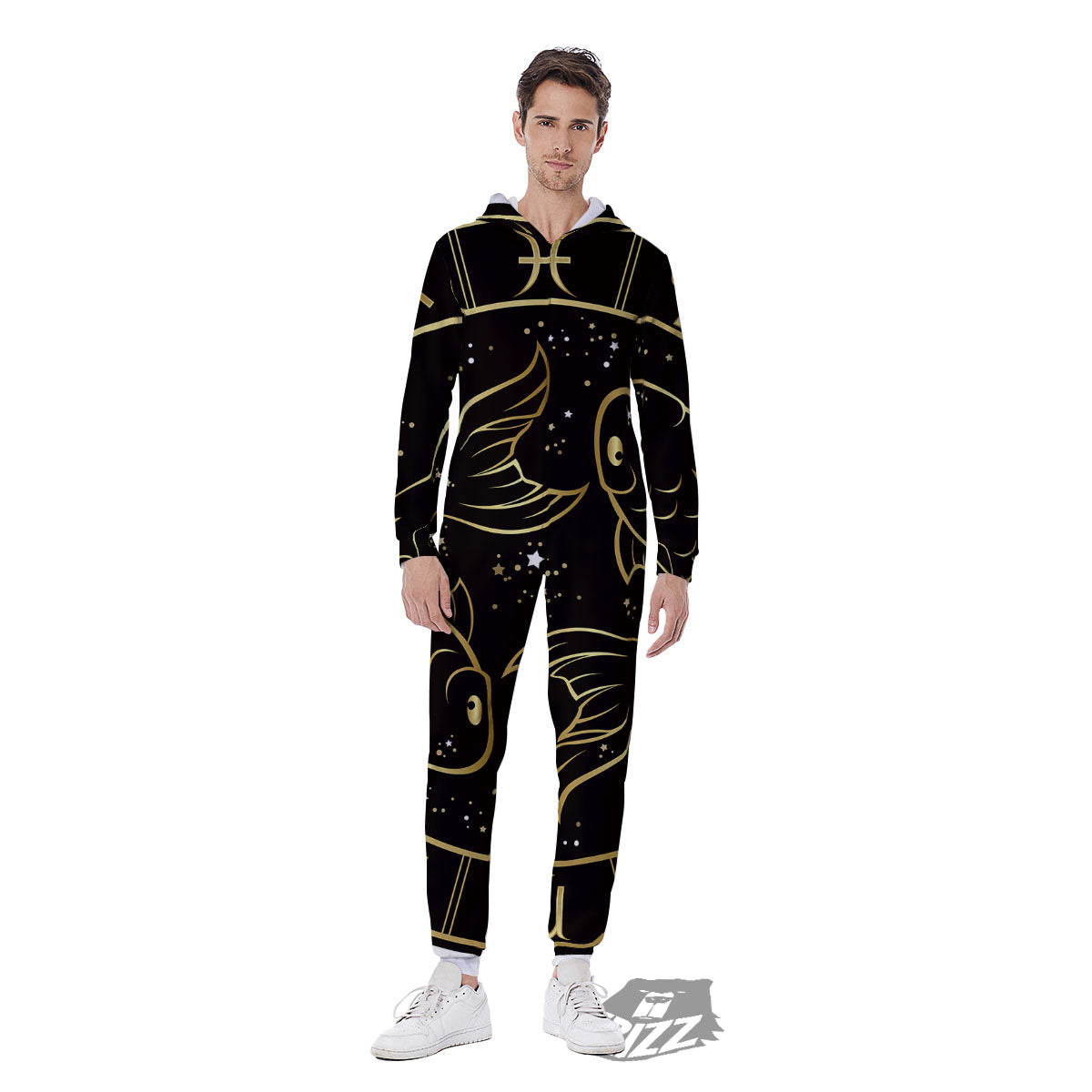 Pisces Sign Black And Gold Print Men's Jumpsuit-grizzshop