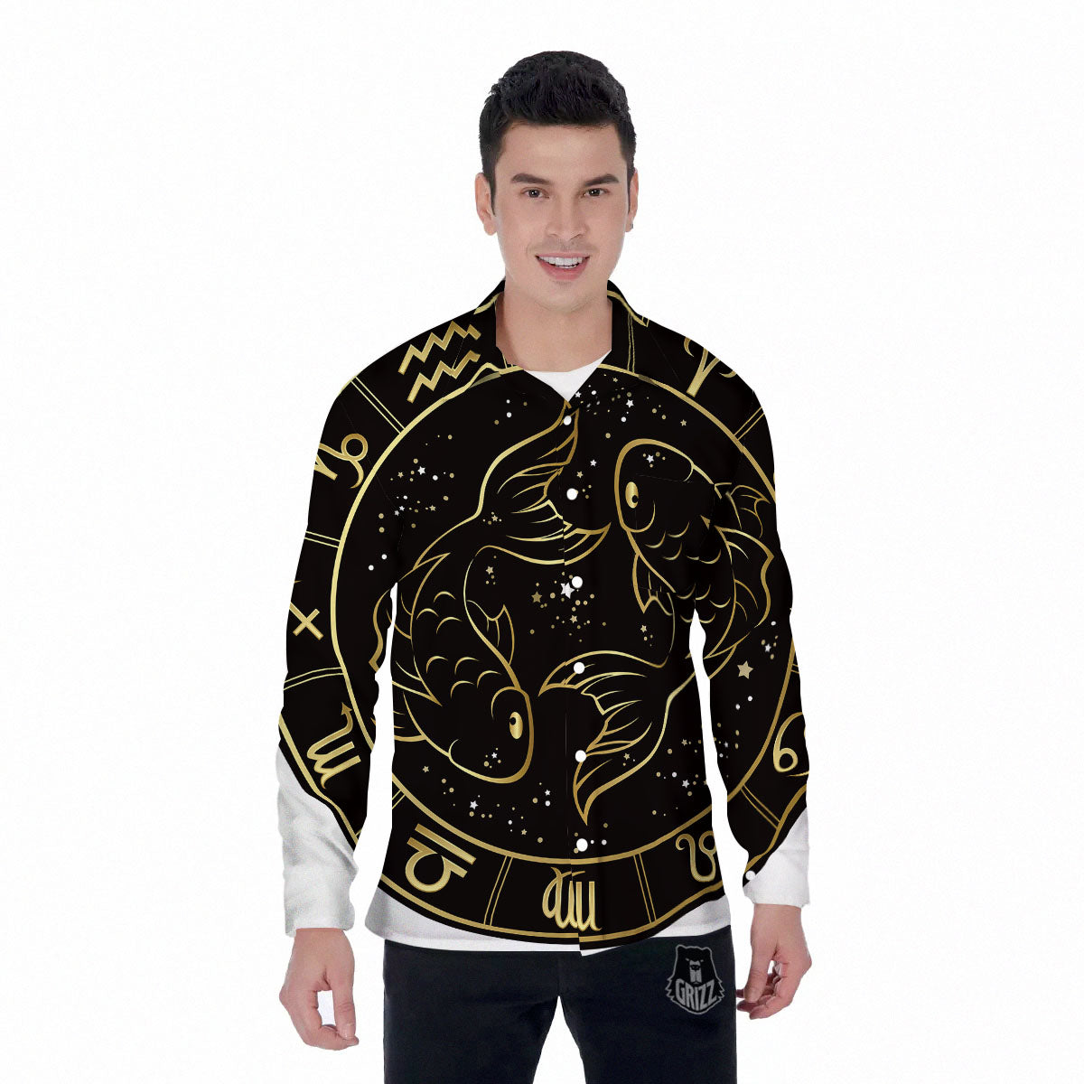 Pisces Sign Black And Gold Print Men's Long Sleeve Shirts-grizzshop