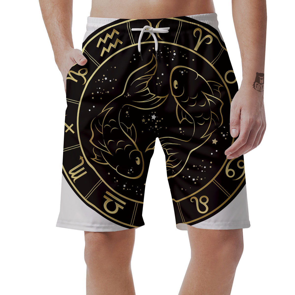 Pisces Sign Black And Gold Print Men's Shorts-grizzshop