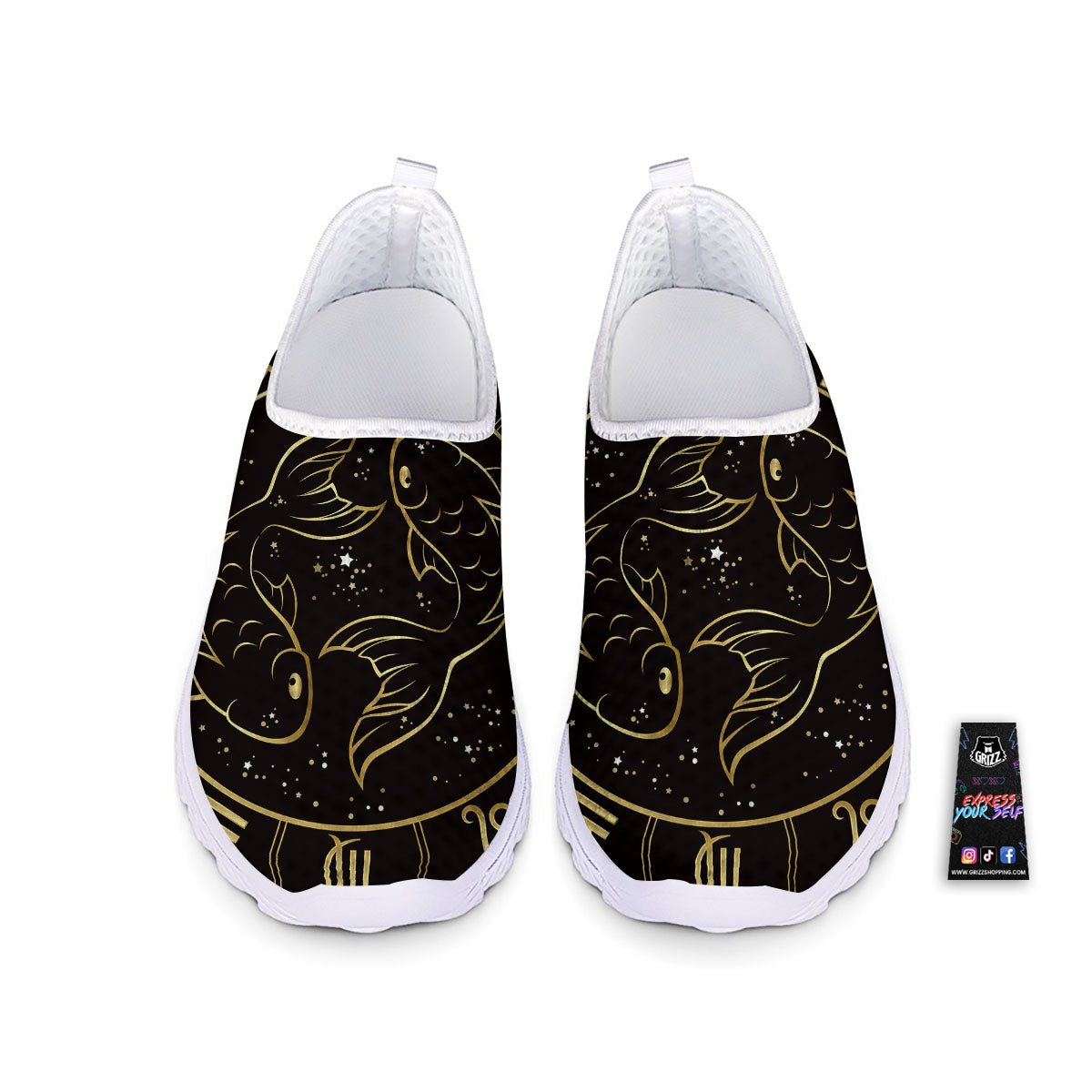 Pisces Sign Black And Gold Print Nurse Shoes-grizzshop