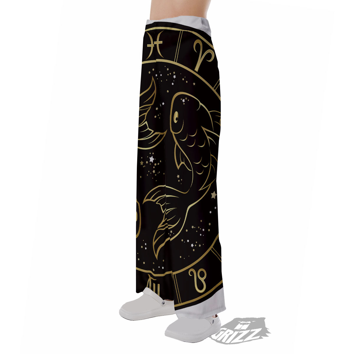 Pisces Sign Black And Gold Print Pajama Pants-grizzshop