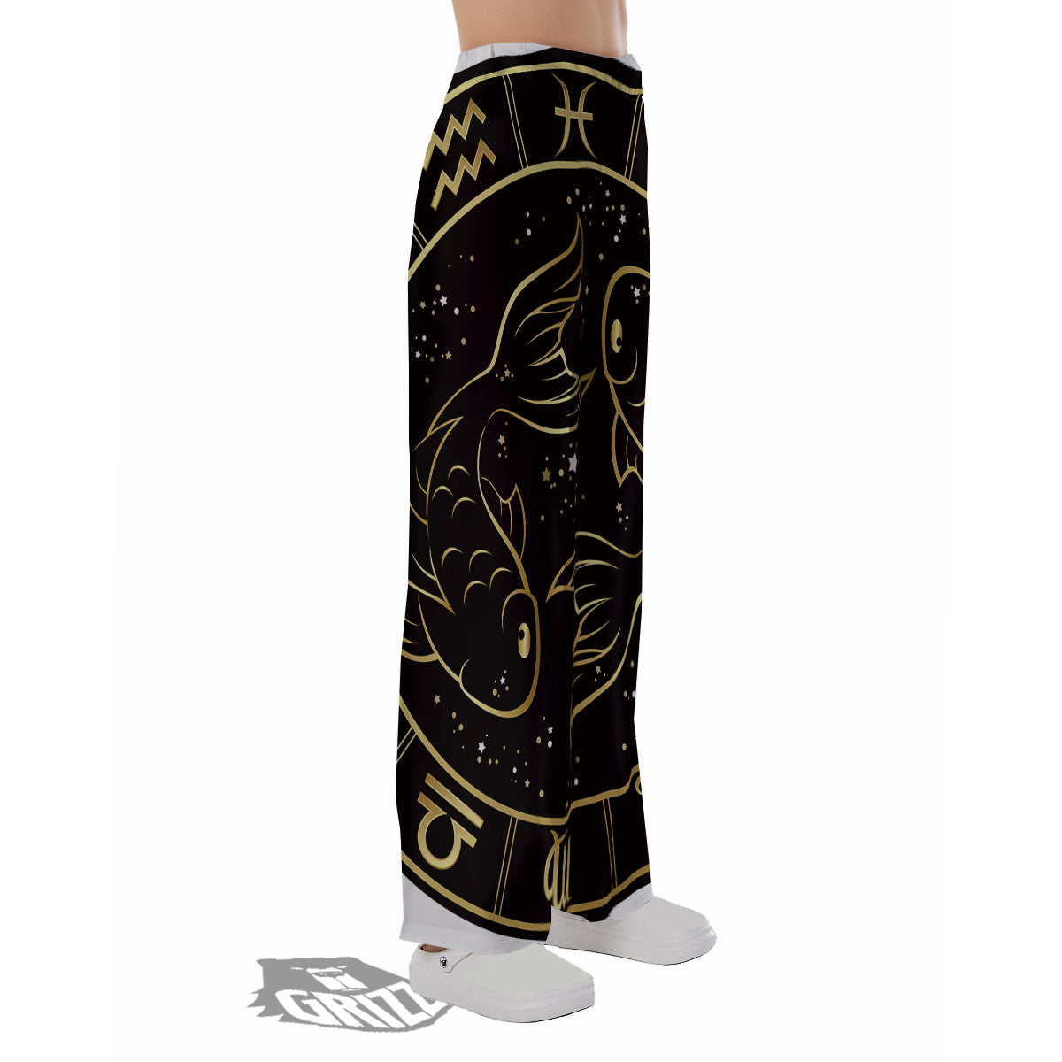 Pisces Sign Black And Gold Print Pajama Pants-grizzshop