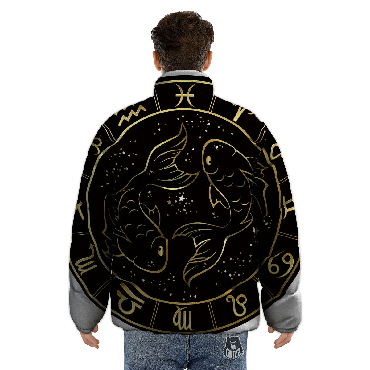 Pisces Sign Black And Gold Print Puffer Jacket-grizzshop