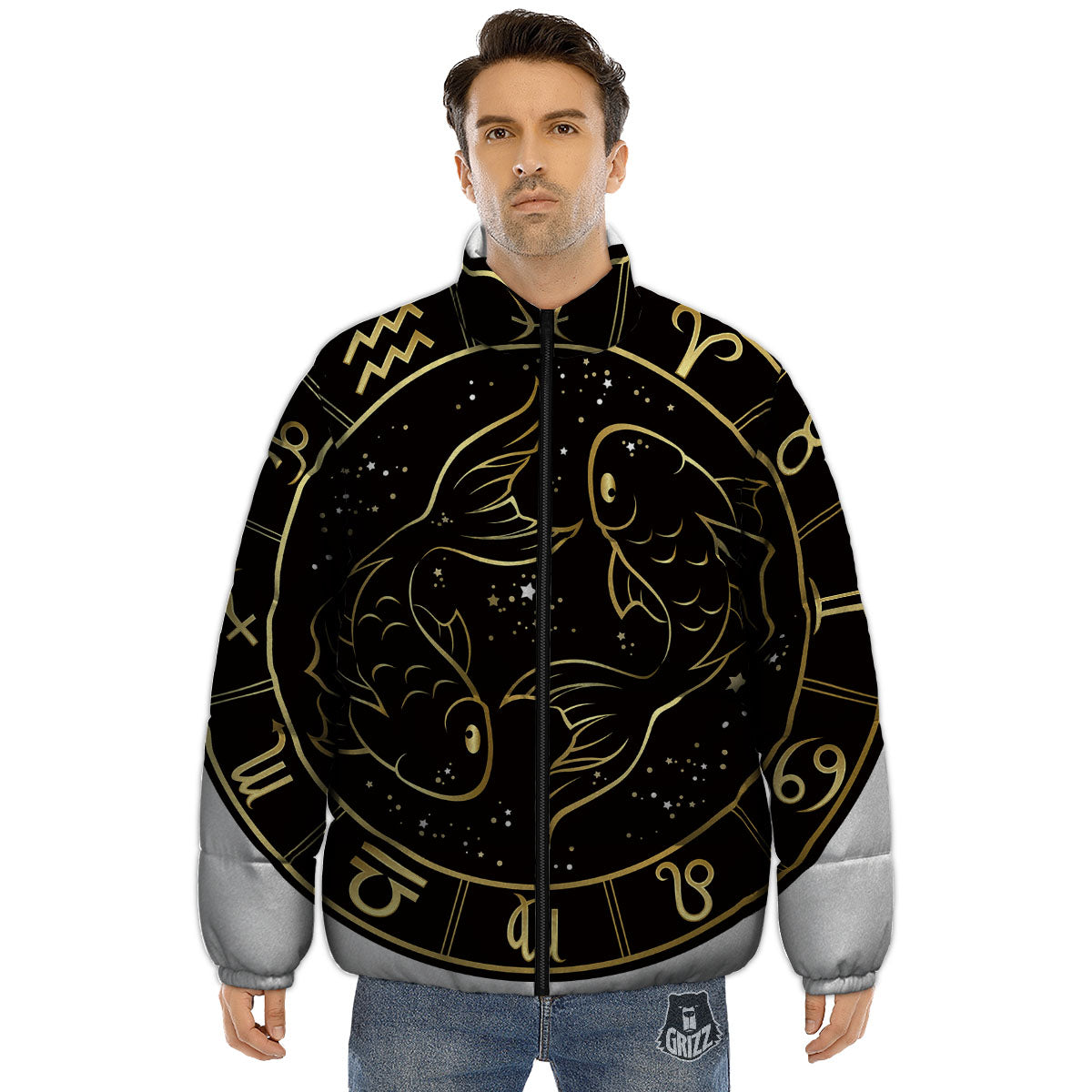 Pisces Sign Black And Gold Print Puffer Jacket-grizzshop