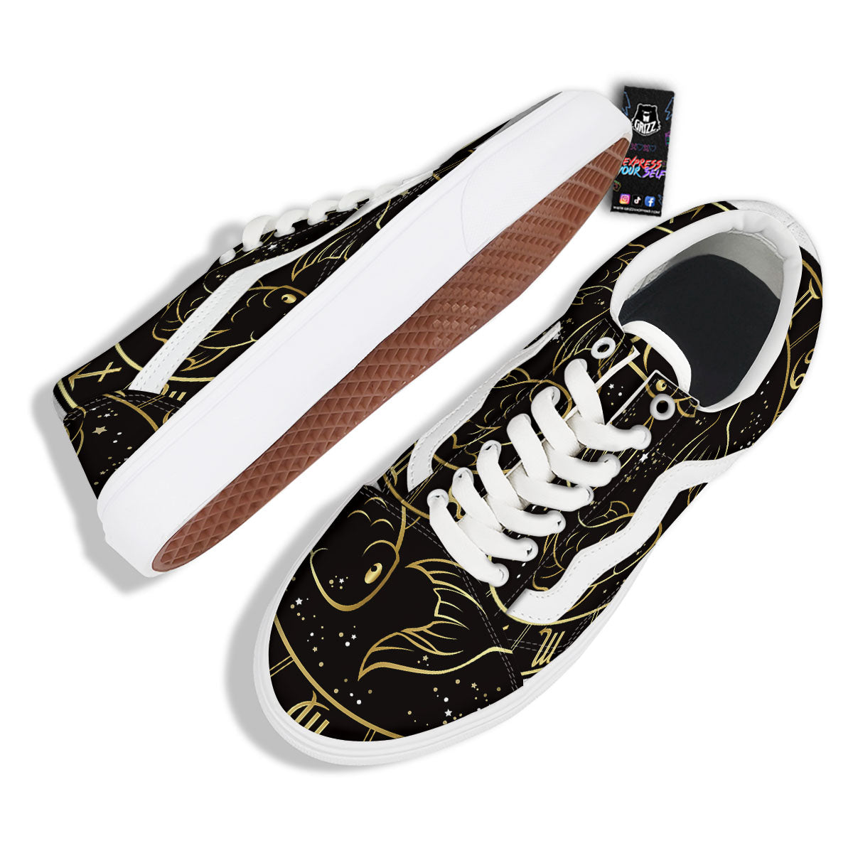 Pisces Sign Black And Gold Print Skate Shoes-grizzshop