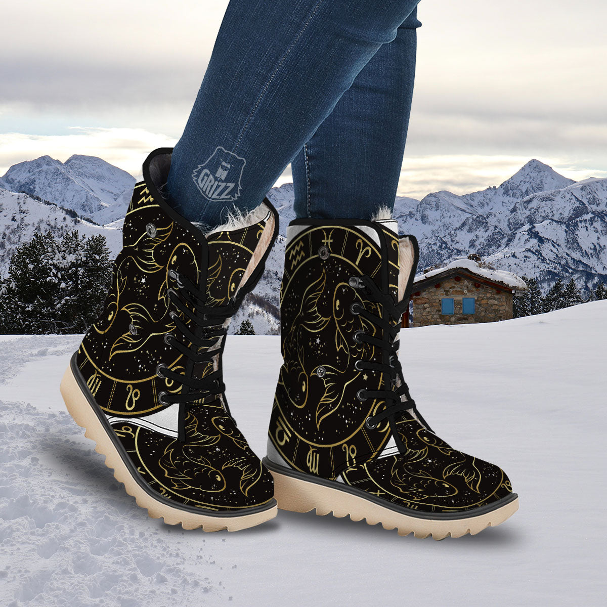 Pisces Sign Black And Gold Print Snow Boots-grizzshop