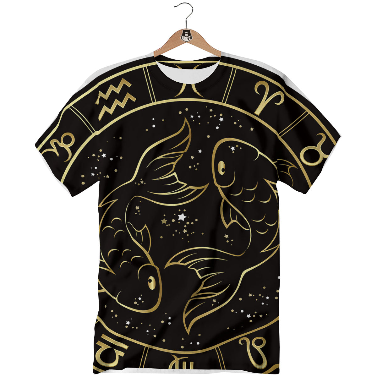 Pisces Sign Black And Gold Print T-Shirt-grizzshop