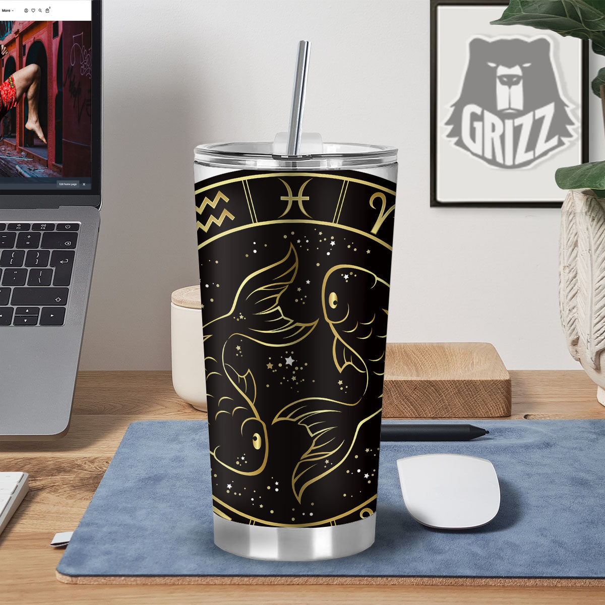 Pisces Sign Black And Gold Print Tumbler-grizzshop