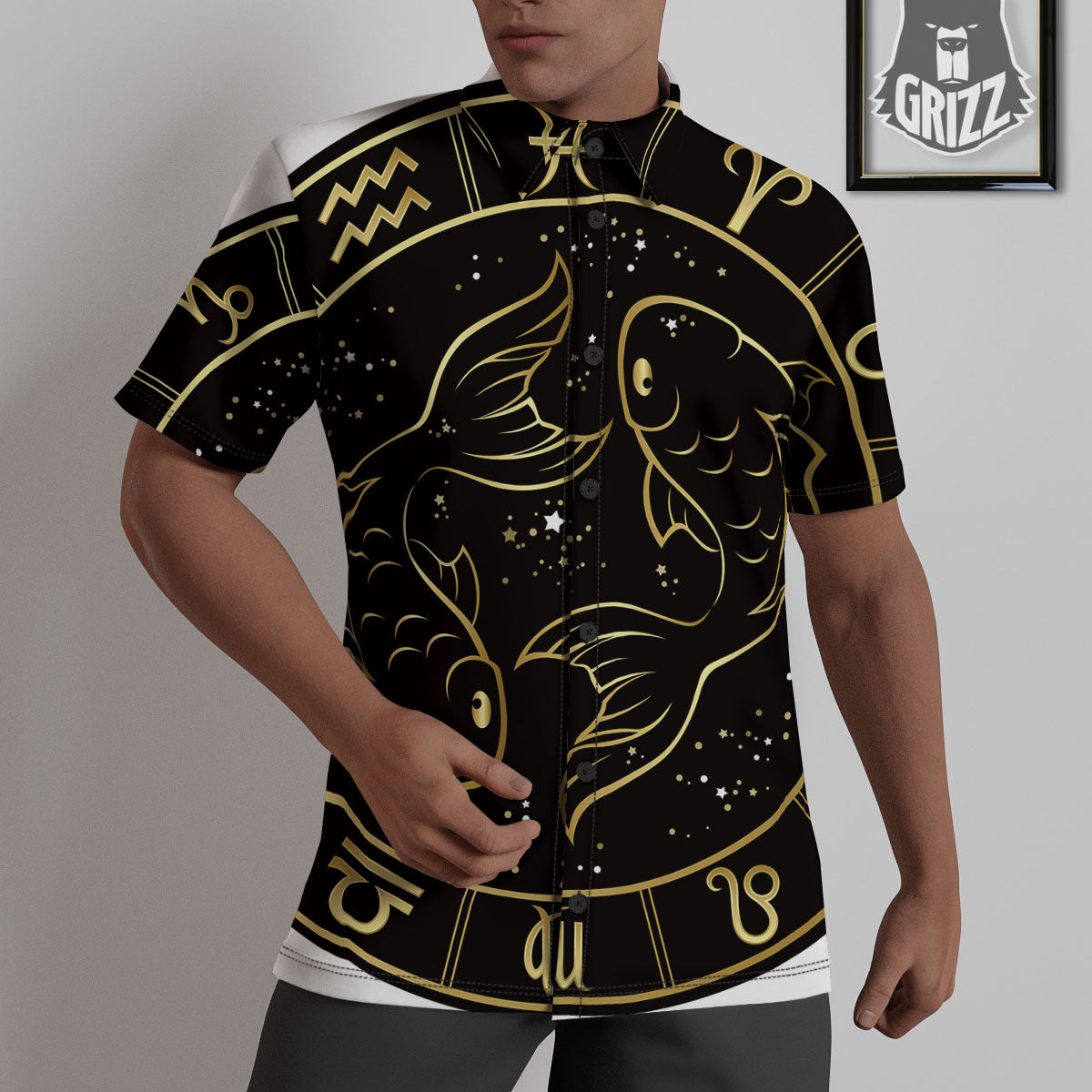 Pisces Sign Black And Gold Print Untucked Shirts-grizzshop