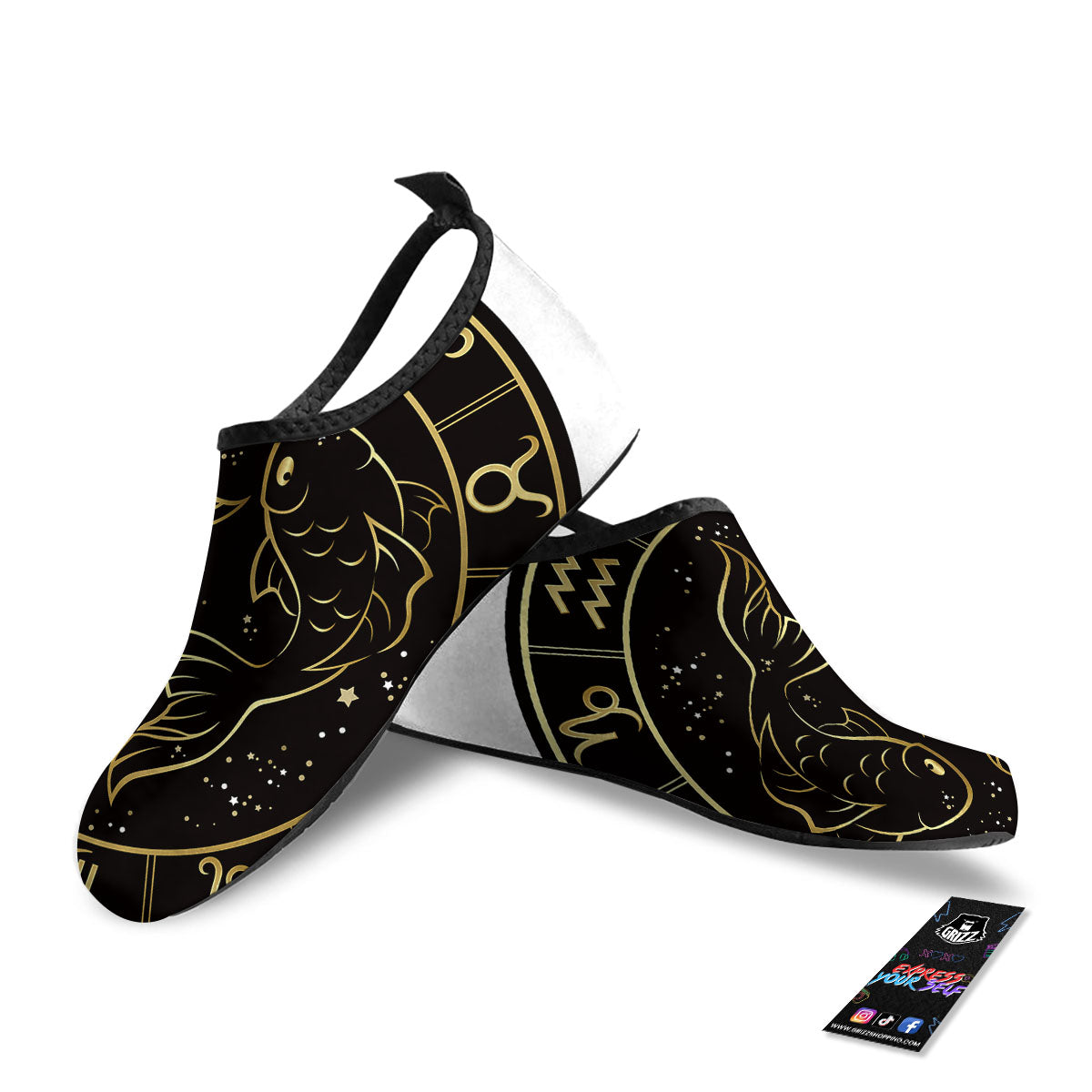 Pisces Sign Black And Gold Print Water Shoes-grizzshop