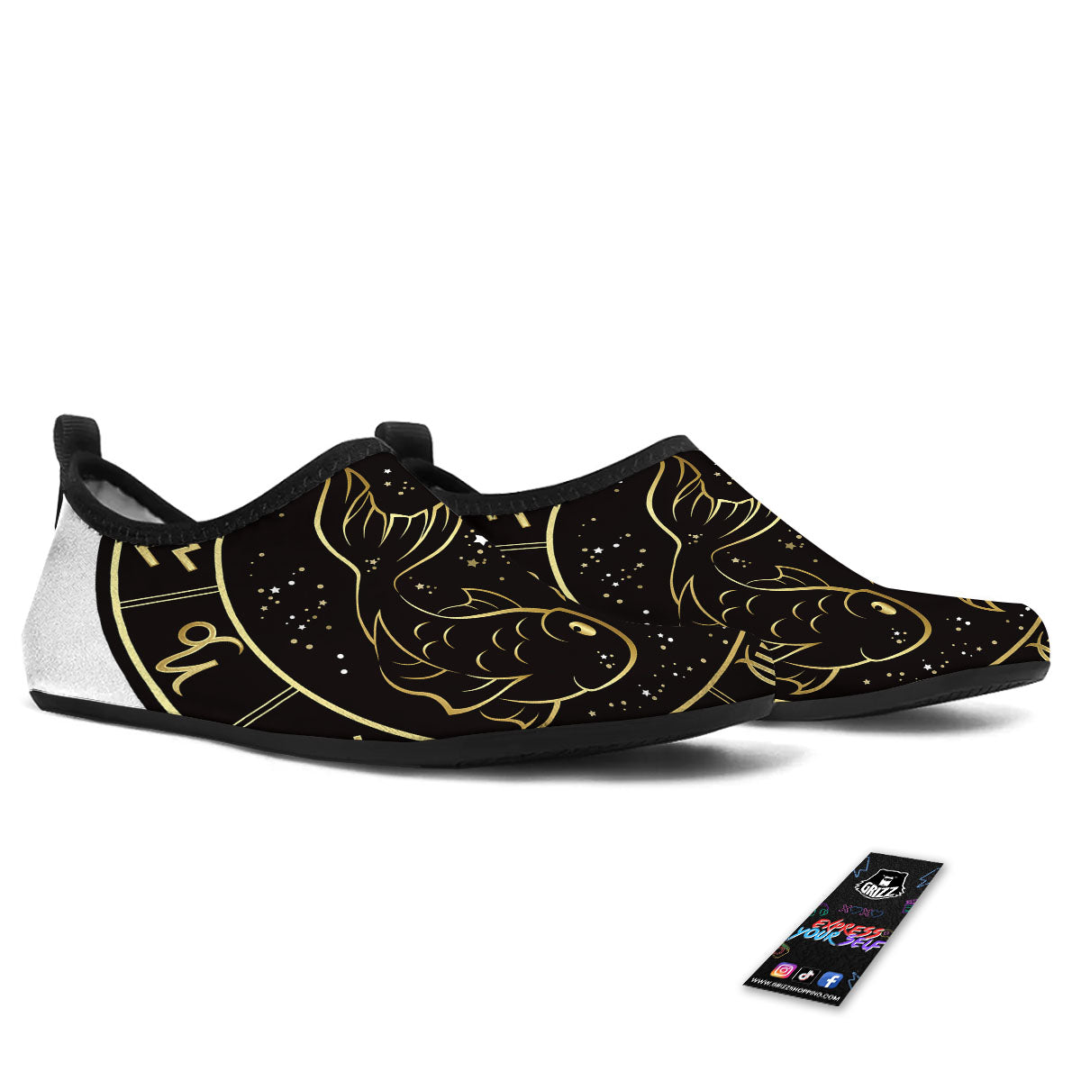Pisces Sign Black And Gold Print Water Shoes-grizzshop