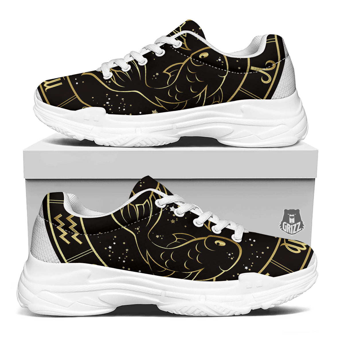 Pisces Sign Black And Gold Print White Chunky Shoes-grizzshop