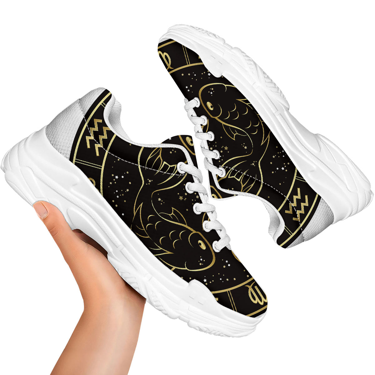 Pisces Sign Black And Gold Print White Chunky Shoes-grizzshop
