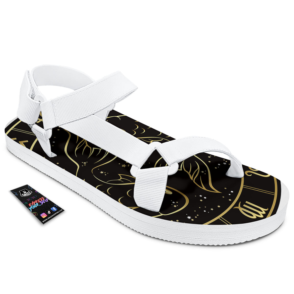 Pisces Sign Black And Gold Print White Open Toe Sandals-grizzshop