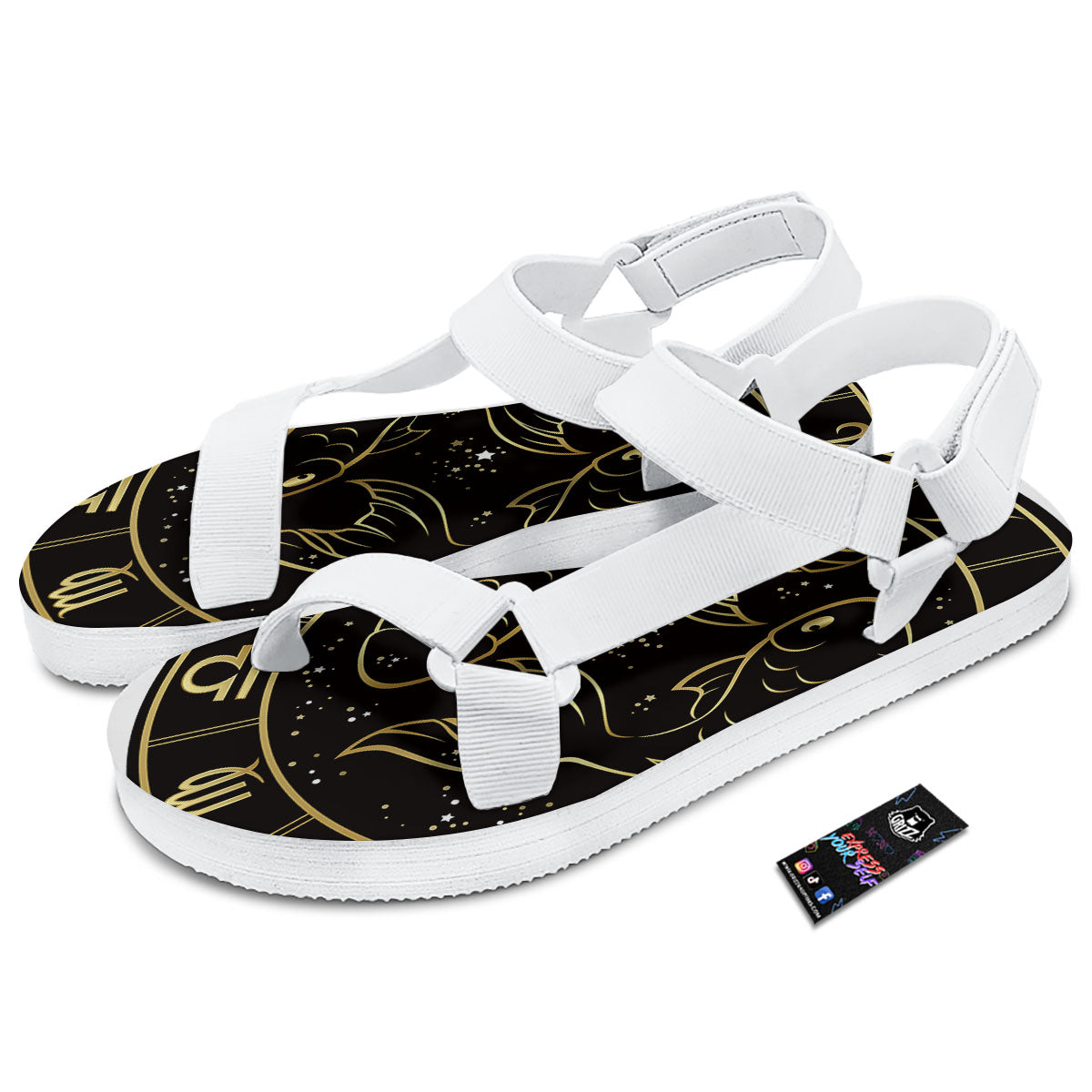 Pisces Sign Black And Gold Print White Open Toe Sandals-grizzshop