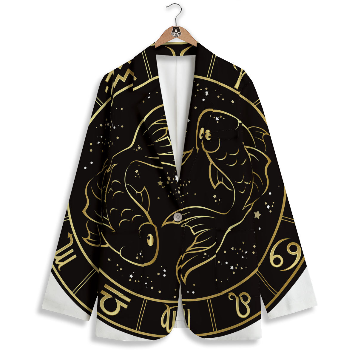 Pisces Sign Black And Gold Print Women's Blazer-grizzshop