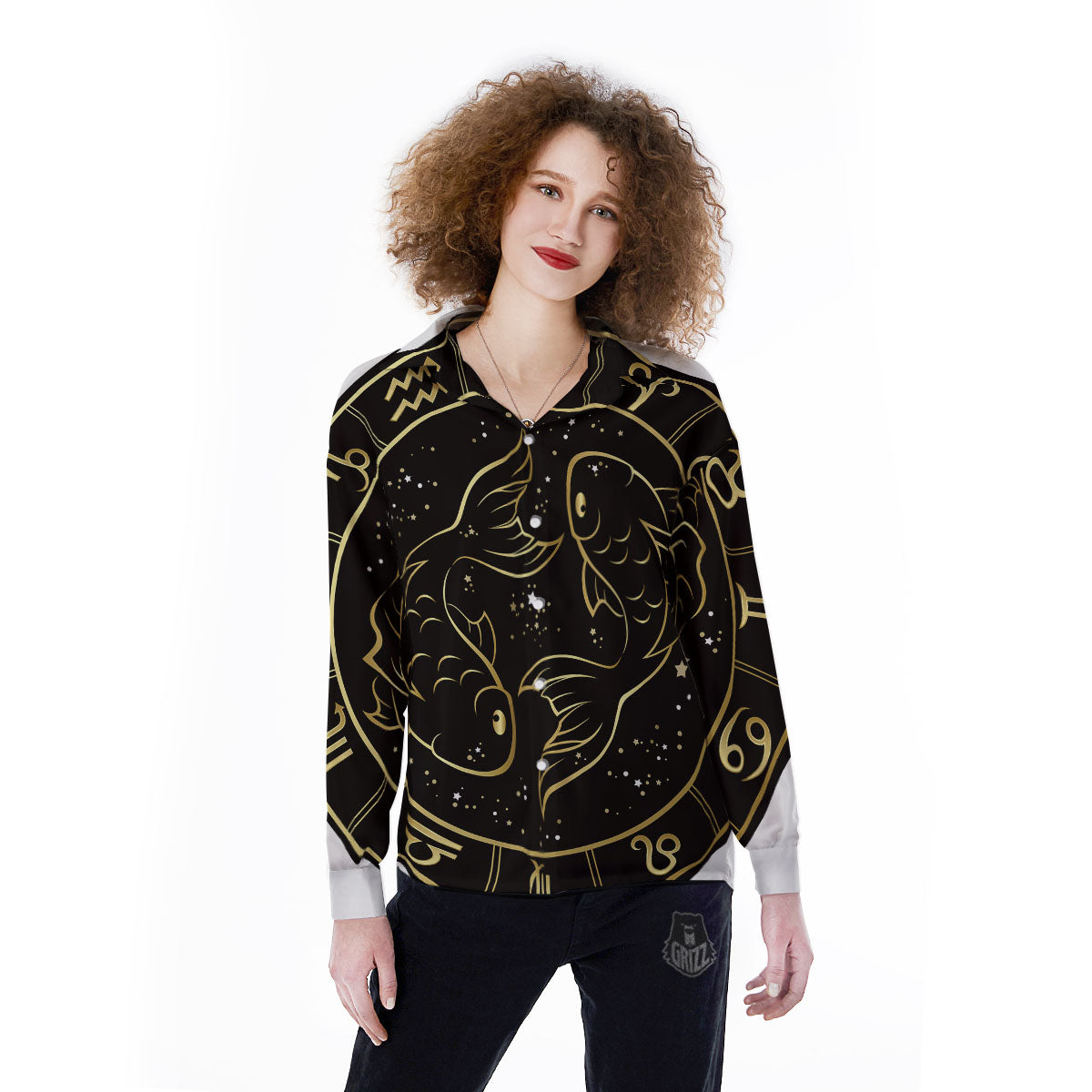 Pisces Sign Black And Gold Print Women's Long Sleeve Shirts-grizzshop