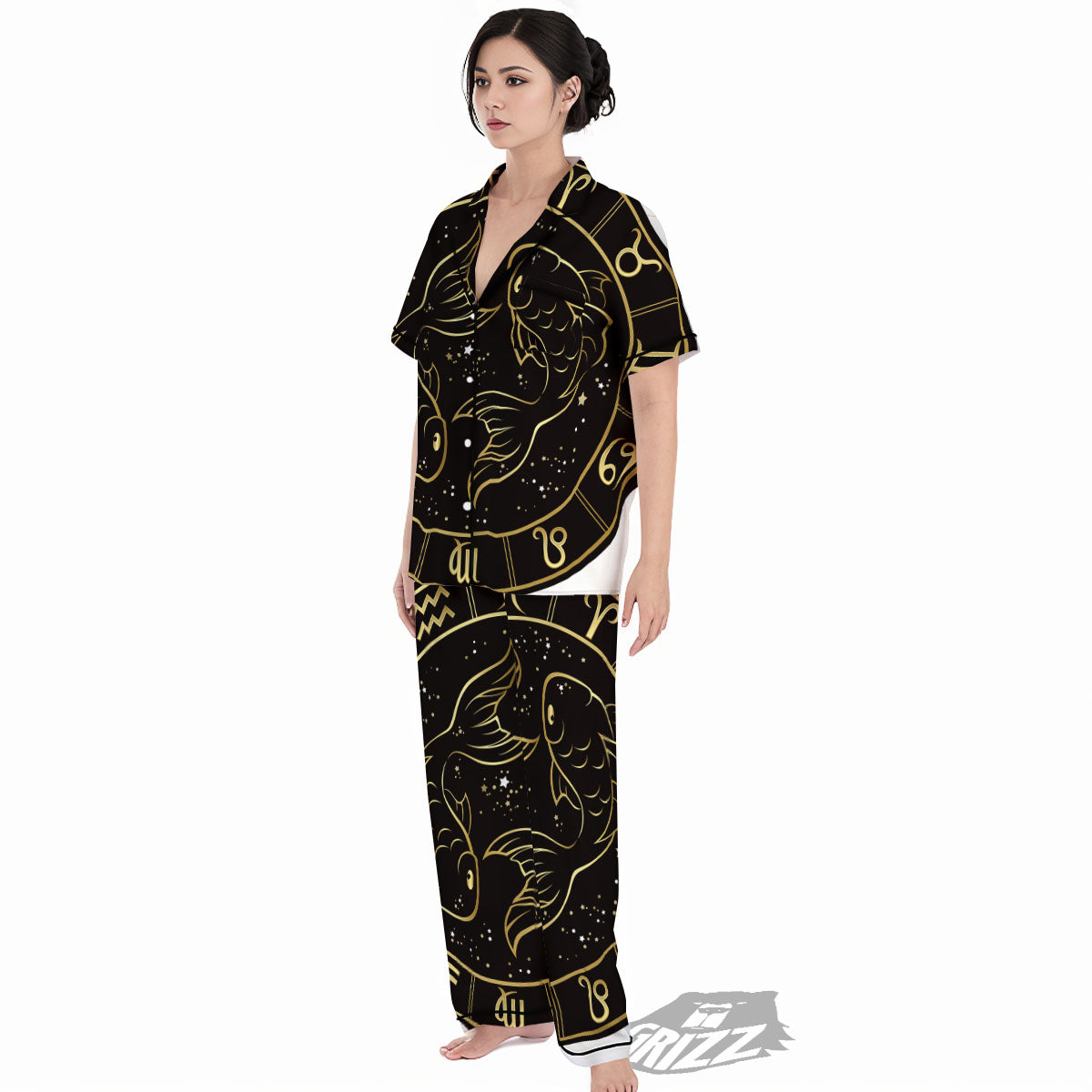 Pisces Sign Black And Gold Print Women's Pajamas Set-grizzshop