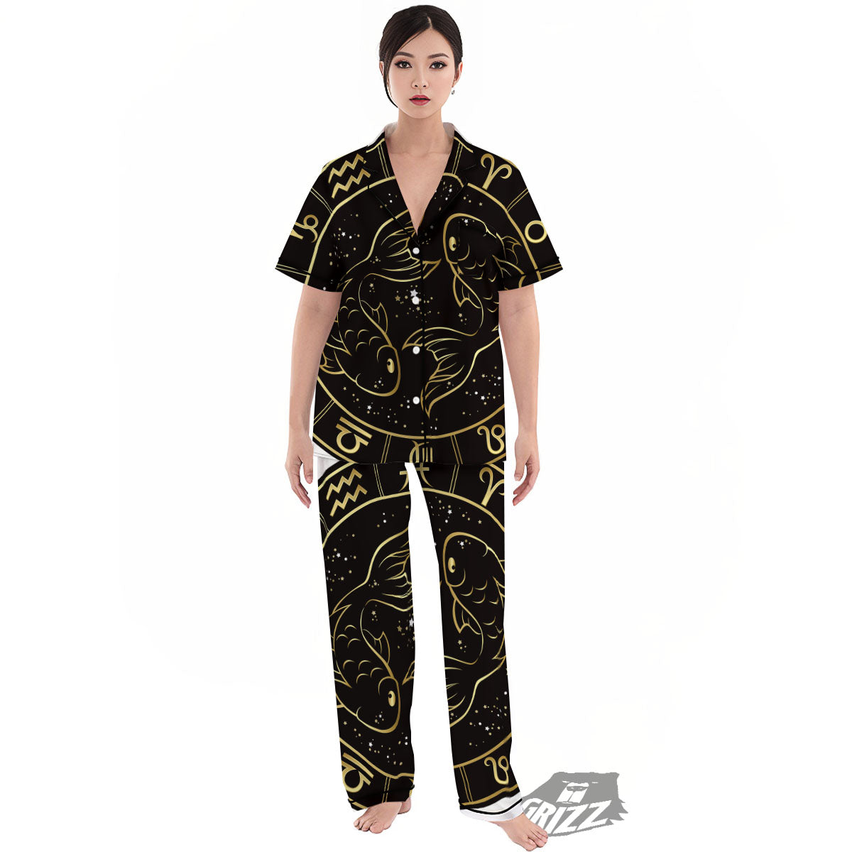 Pisces Sign Black And Gold Print Women's Pajamas Set-grizzshop