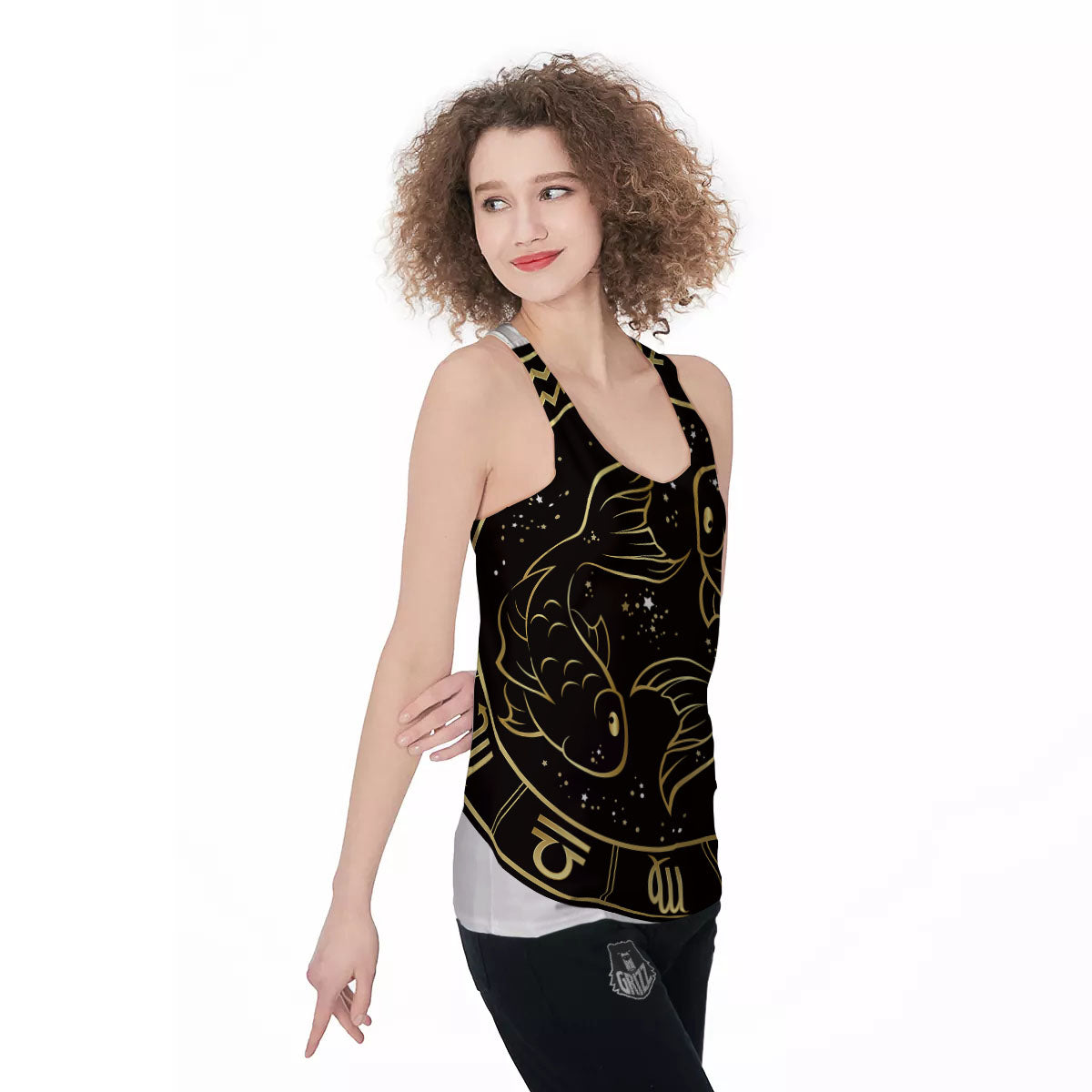 Pisces Sign Black And Gold Print Women's Racerback Tank Top-grizzshop