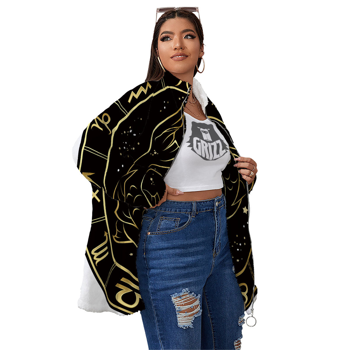 Pisces Sign Black And Gold Print Women's Sherpa Jacket-grizzshop