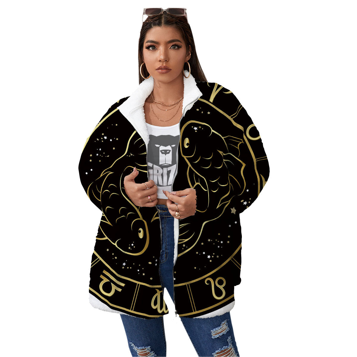 Pisces Sign Black And Gold Print Women's Sherpa Jacket-grizzshop